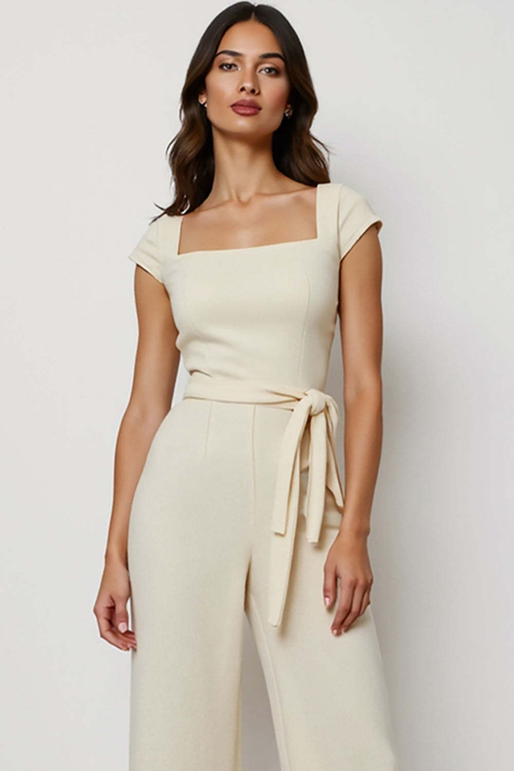 Apricot Square Neck Cap Sleeves Work Jumpsuits with Sash