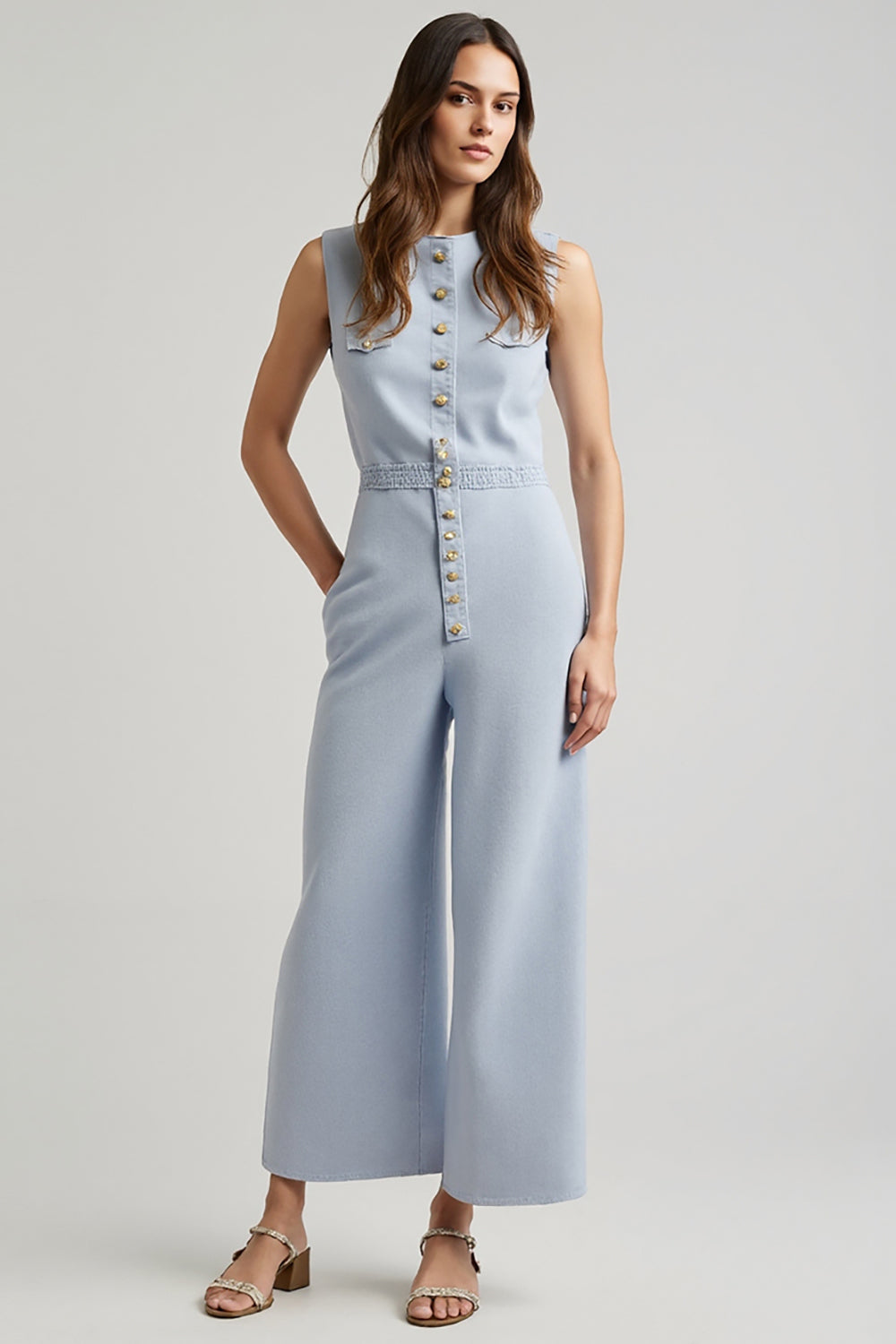 Leely Women Blue Denim Work Jumpsuits with Pockets Single Breasted Sleeveless Business Rompers