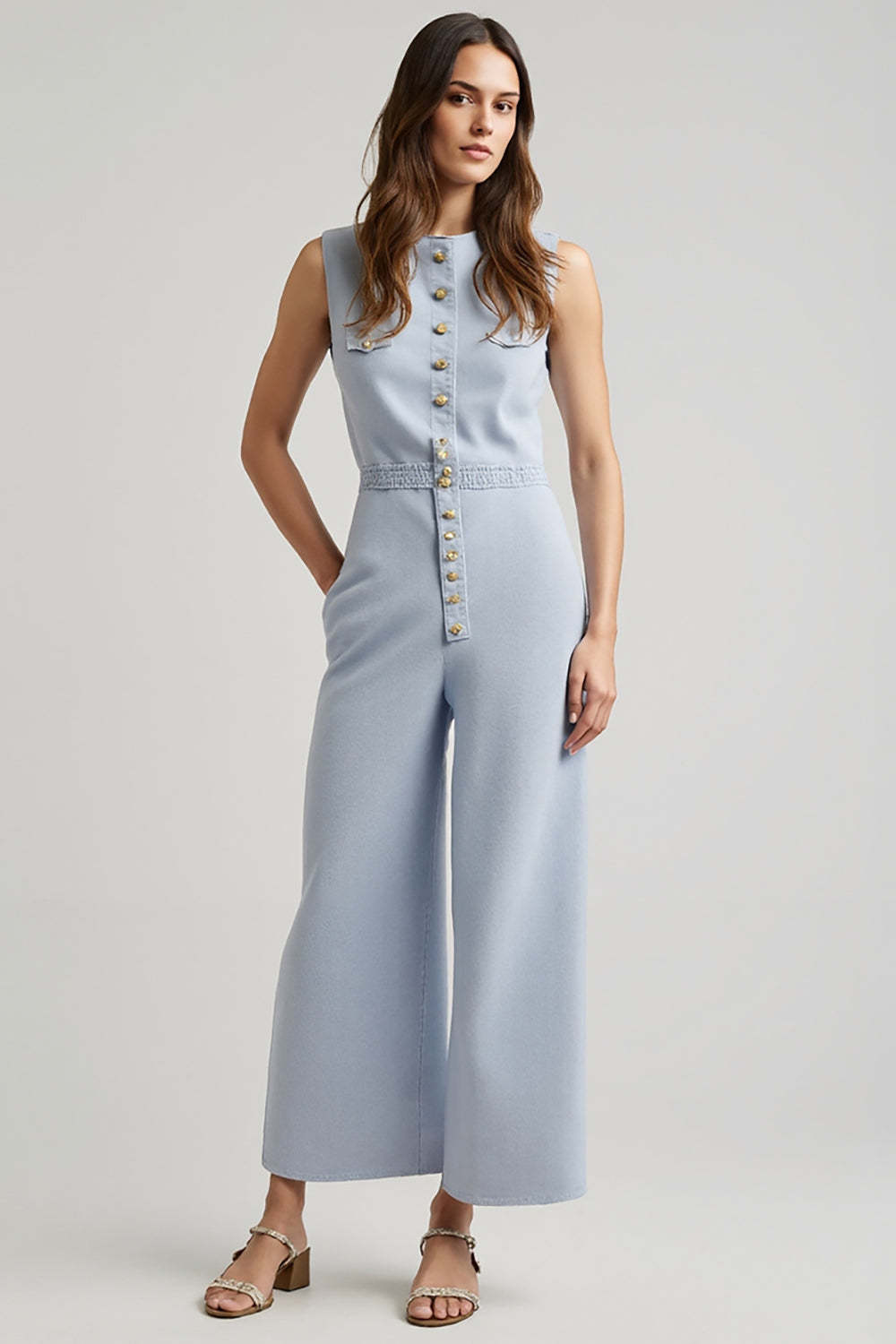 Leely Women Blue Denim Work Jumpsuits with Pockets Single Breasted Sleeveless Business Rompers