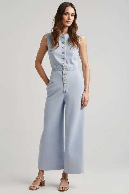 Leely Women Blue Denim Work Jumpsuits with Pockets Single Breasted Sleeveless Business Rompers