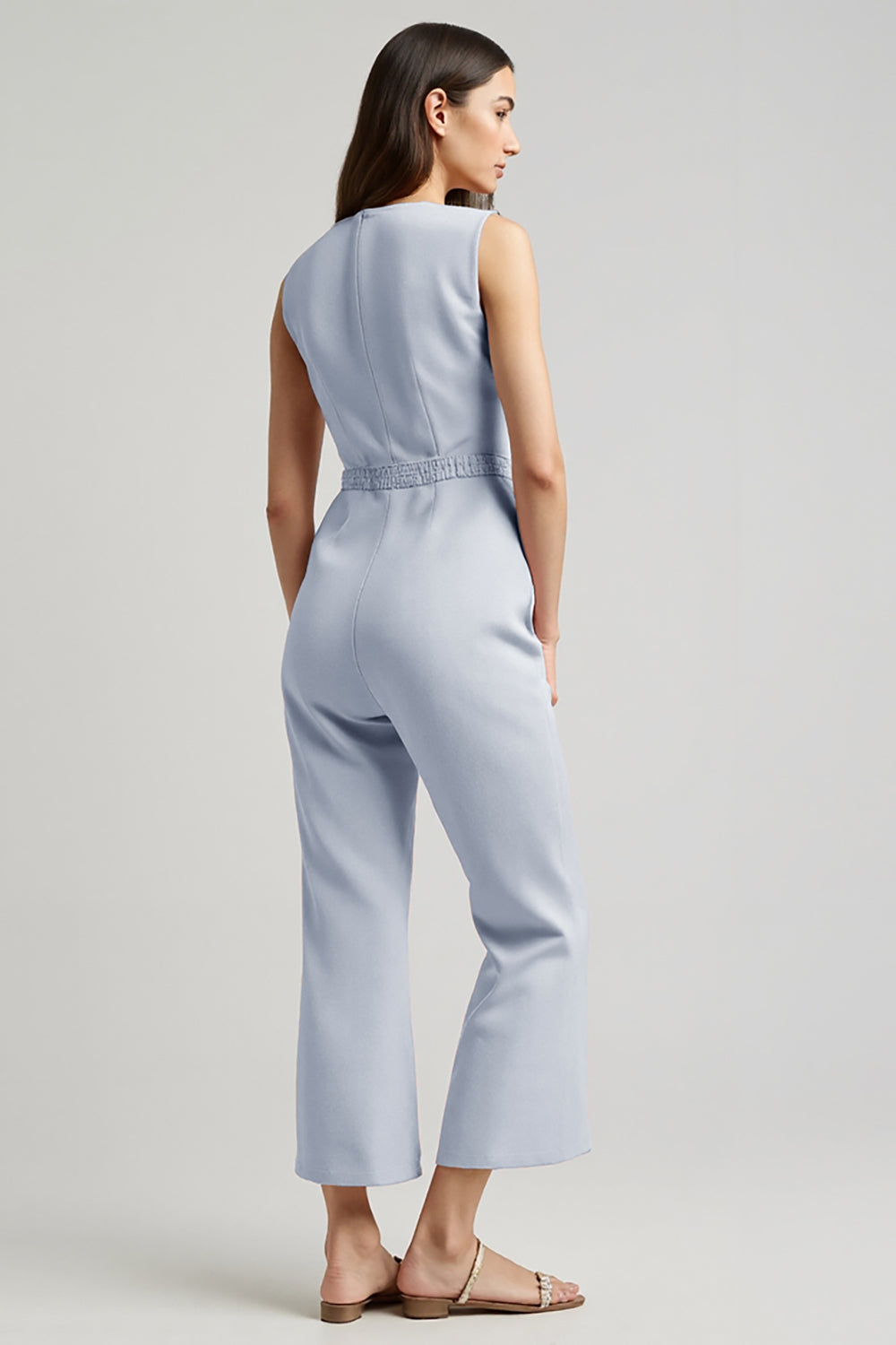 Blue Single Breasted Sleeveless Denim Work Jumpsuits with Pockets
