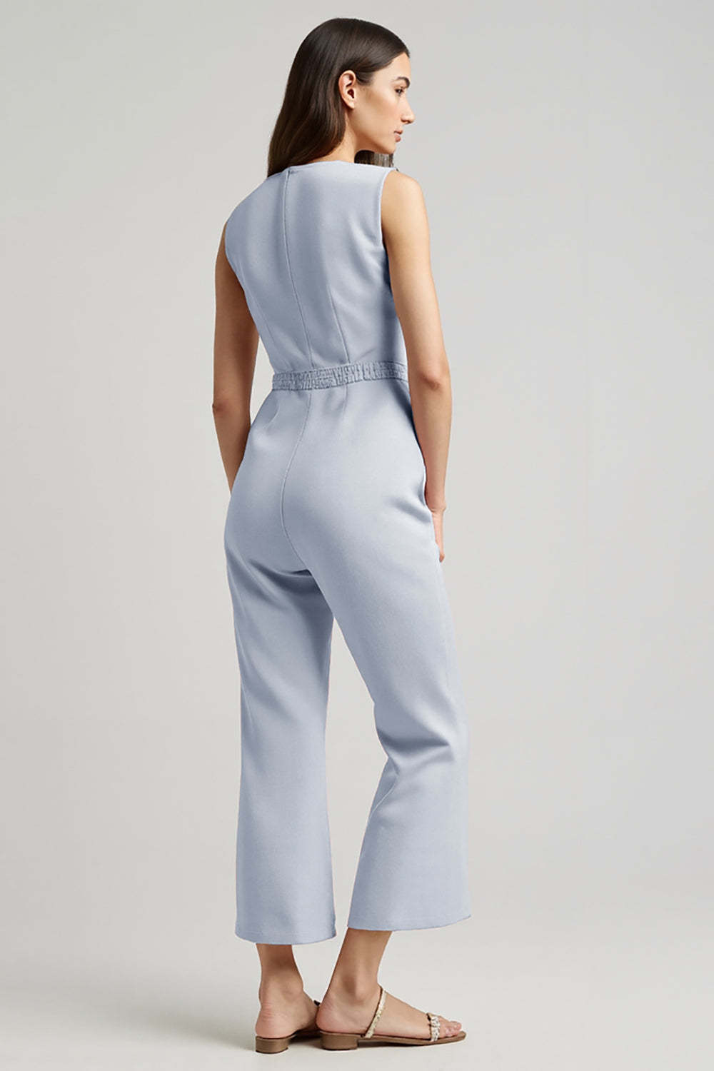 Blue Single Breasted Sleeveless Denim Work Jumpsuits with Pockets