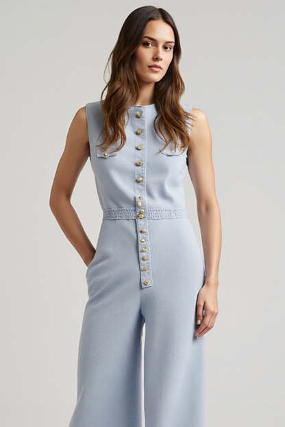 Blue Single Breasted Sleeveless Denim Work Jumpsuits with Pockets