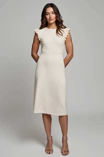 Leely Women Ivory Midi Work Dress with Ruffles Pencil Round Neck Simple Business Dress