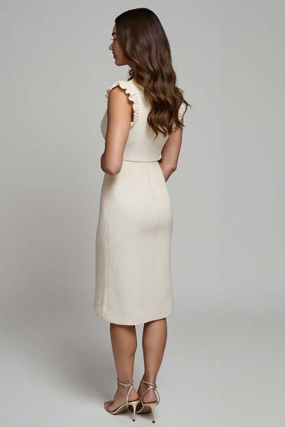 Ivory Midi Pencil Round Neck Work Dress with Ruffles