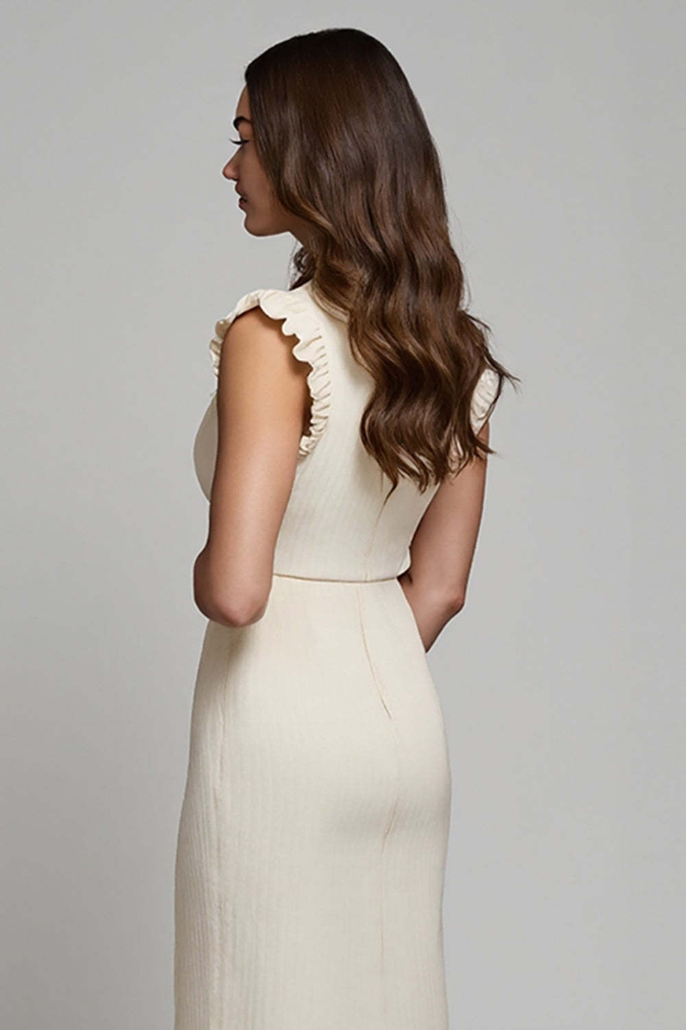 Ivory Midi Pencil Round Neck Work Dress with Ruffles