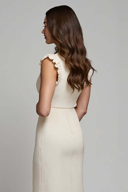 Ivory Midi Pencil Round Neck Work Dress with Ruffles