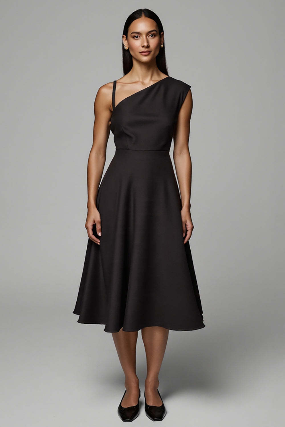 Leely Women Black Satin Midi Work Dress A Line One Shoulder Simple Business Dress
