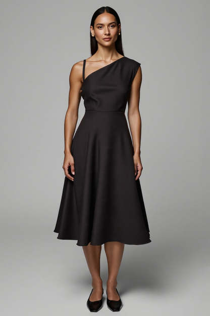Leely Women Black Satin Midi Work Dress A Line One Shoulder Simple Business Dress