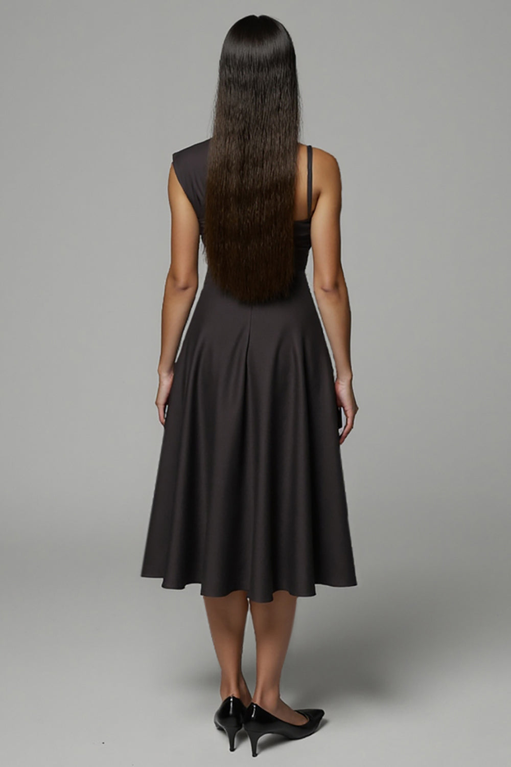 A Line Black Satin One Shoulder Midi Work Dress