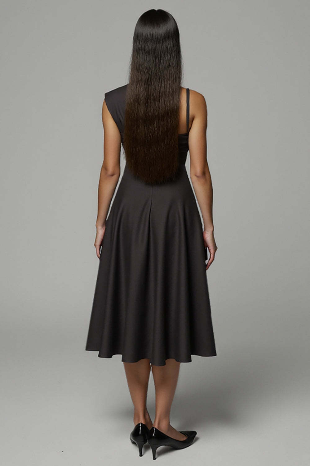 A Line Black Satin One Shoulder Midi Work Dress