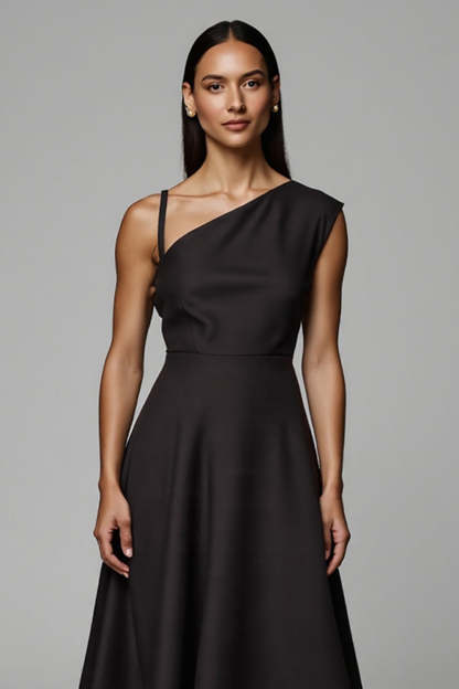 A Line Black Satin One Shoulder Midi Work Dress