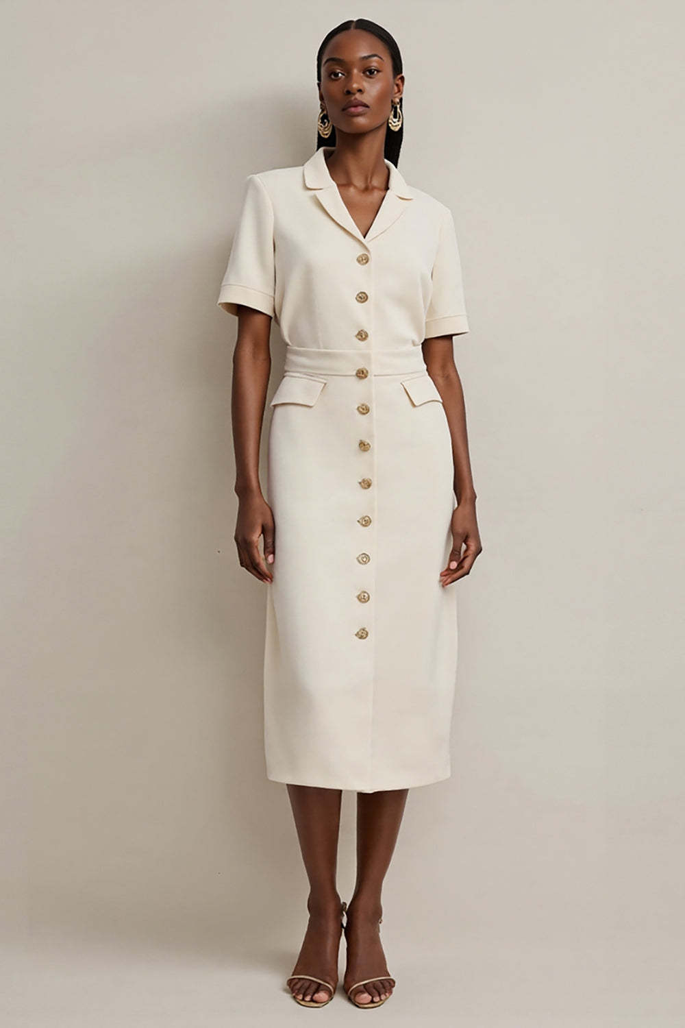 Leely Women Ivory Notched Lapel Midi Blazer Dress Pencil Short Sleeves Work Dress with Buttons