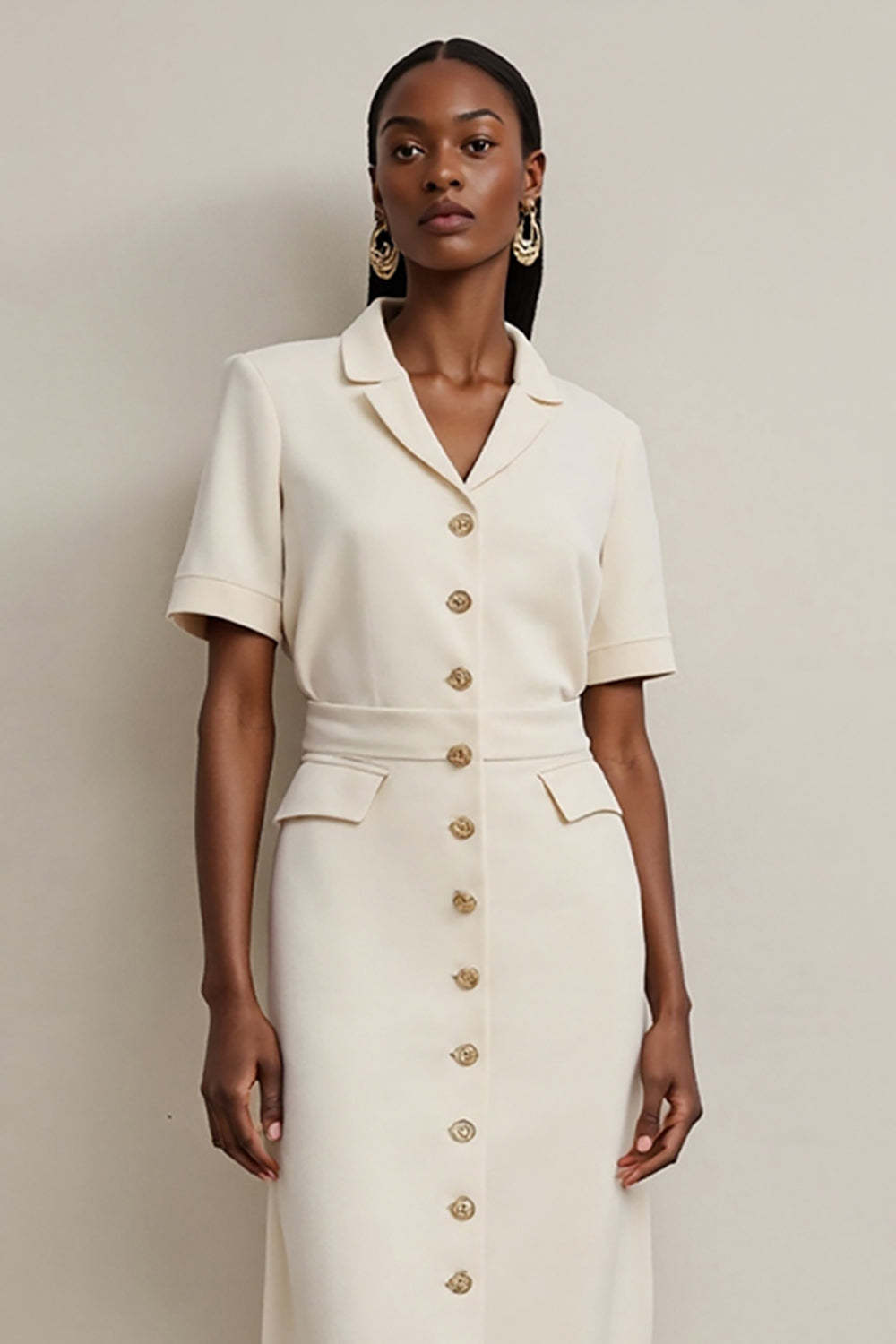 Ivory Notched Lapel Pencil Midi Blazer Dress with Buttons