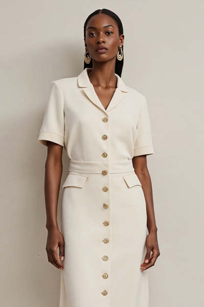 Ivory Notched Lapel Pencil Midi Blazer Dress with Buttons