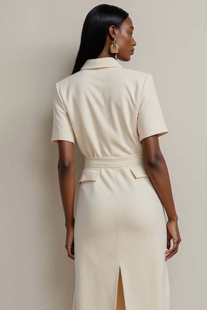 Ivory Notched Lapel Pencil Midi Blazer Dress with Buttons