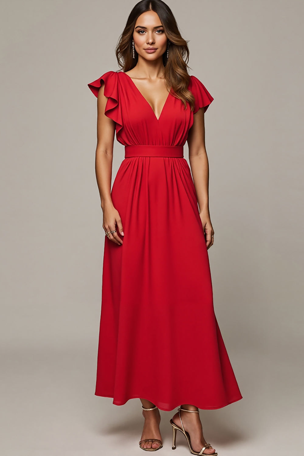 Maxi Red V-Neck A Line Wedding Guest Dress with Ruffles