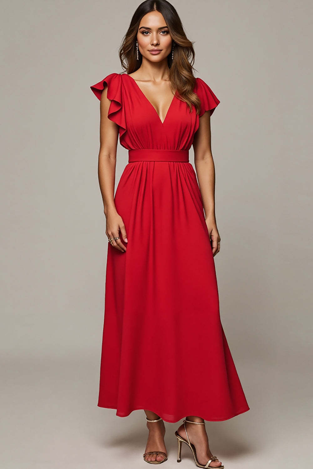 Leely Women Red Maxi Wedding Guest Dress with Ruffles V-Neck A Line Wedding Party Dress