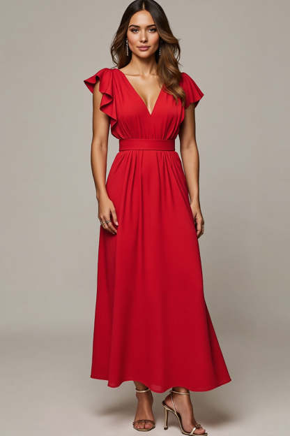 Leely Women Red Maxi Wedding Guest Dress with Ruffles V-Neck A Line Wedding Party Dress