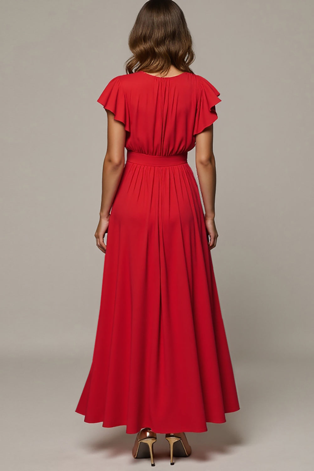 Maxi Red V-Neck A Line Wedding Guest Dress with Ruffles
