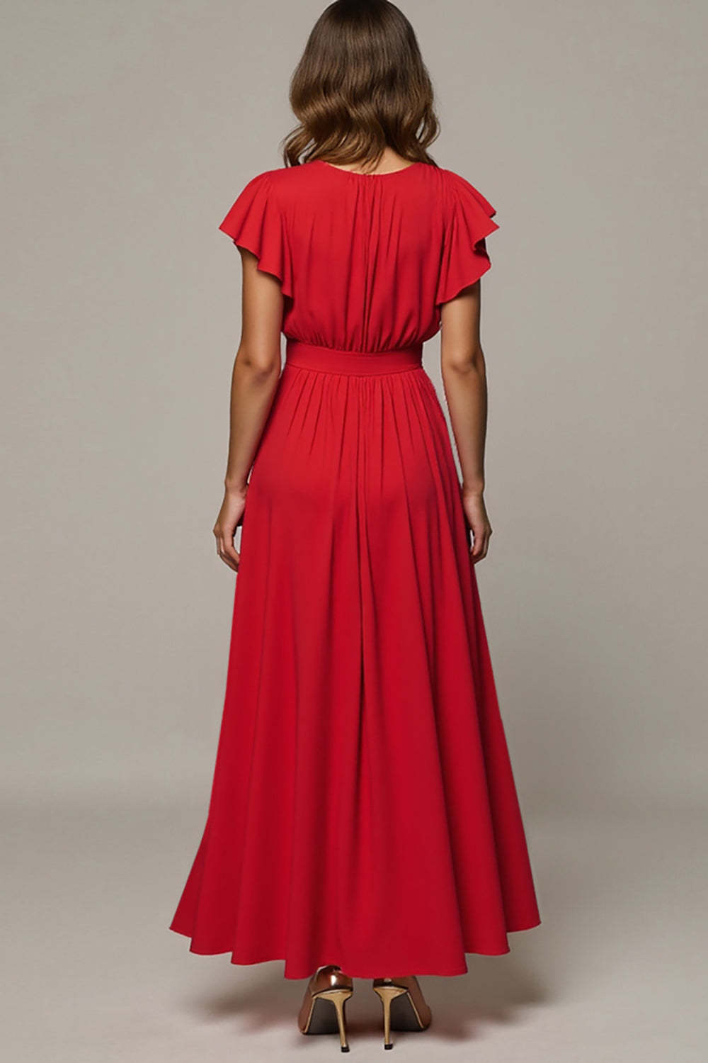 Maxi Red V-Neck A Line Wedding Guest Dress with Ruffles