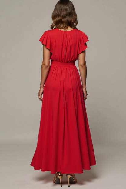 Maxi Red V-Neck A Line Wedding Guest Dress with Ruffles