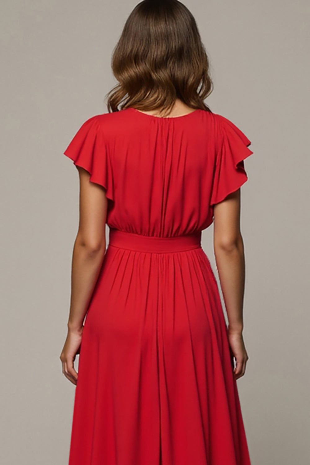 Maxi Red V-Neck A Line Wedding Guest Dress with Ruffles