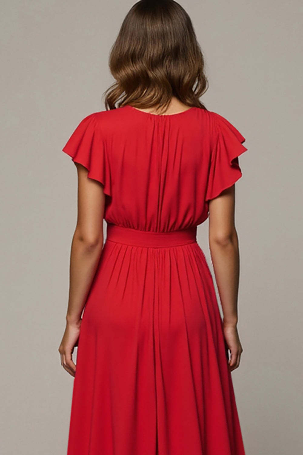 Maxi Red V-Neck A Line Wedding Guest Dress with Ruffles