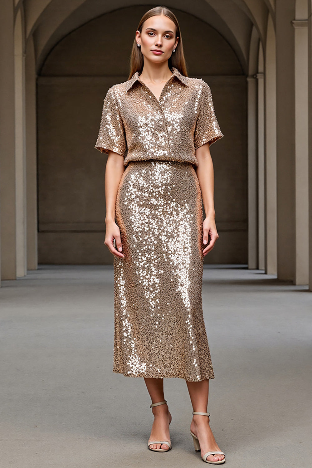 Sparkly Champagne 2 Piece Sequin Maxi Holiday Party Dress with Sleeves