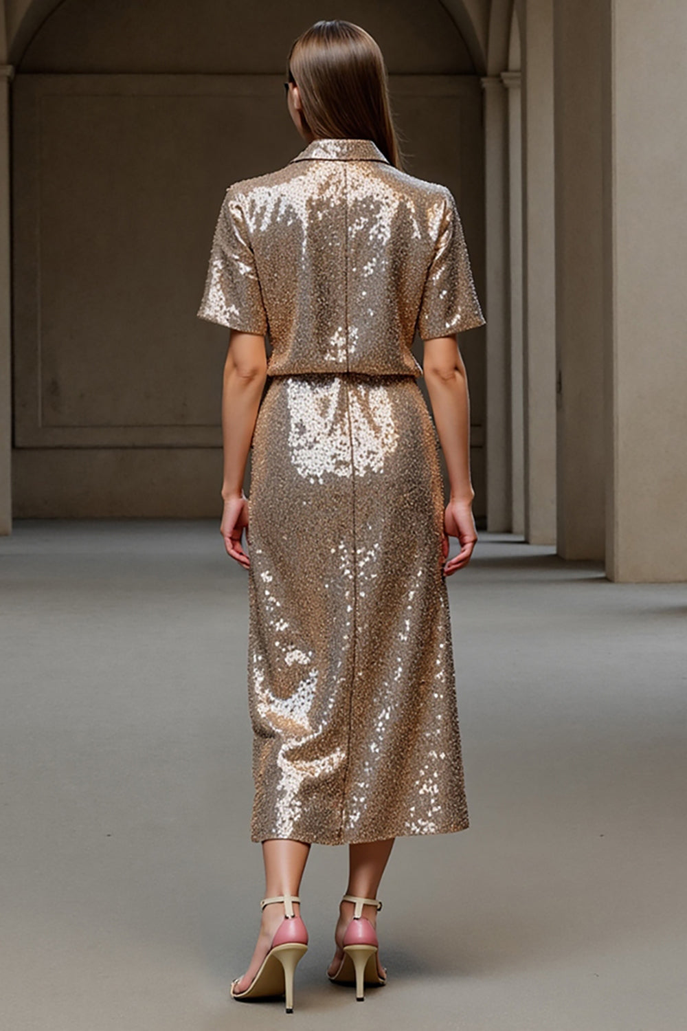 Sparkly Champagne 2 Piece Sequin Maxi Holiday Party Dress with Sleeves