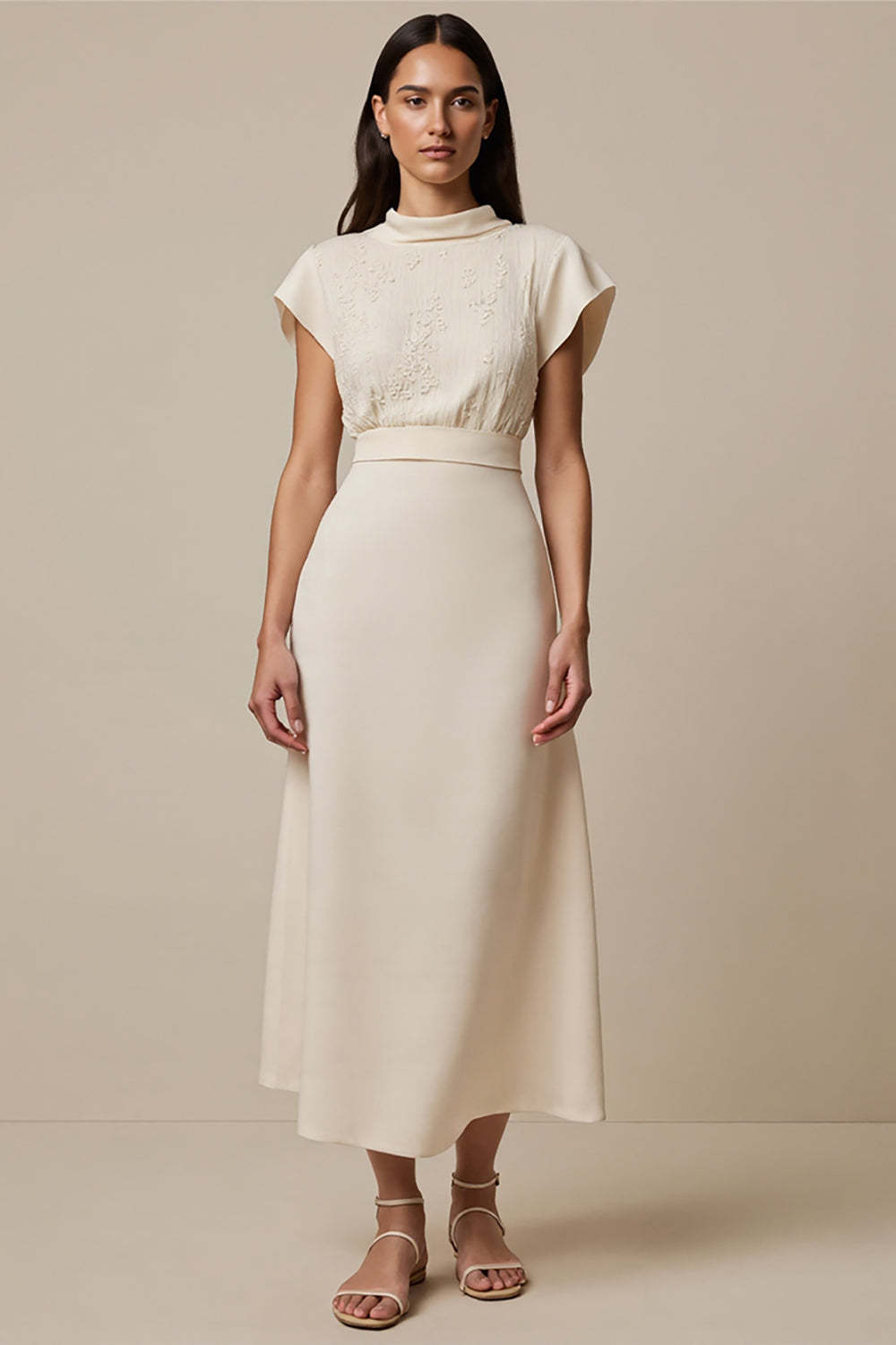 Leely Women Ivory Maxi Work Dress with Short Sleeves High Neck Empire Waist Business Dress