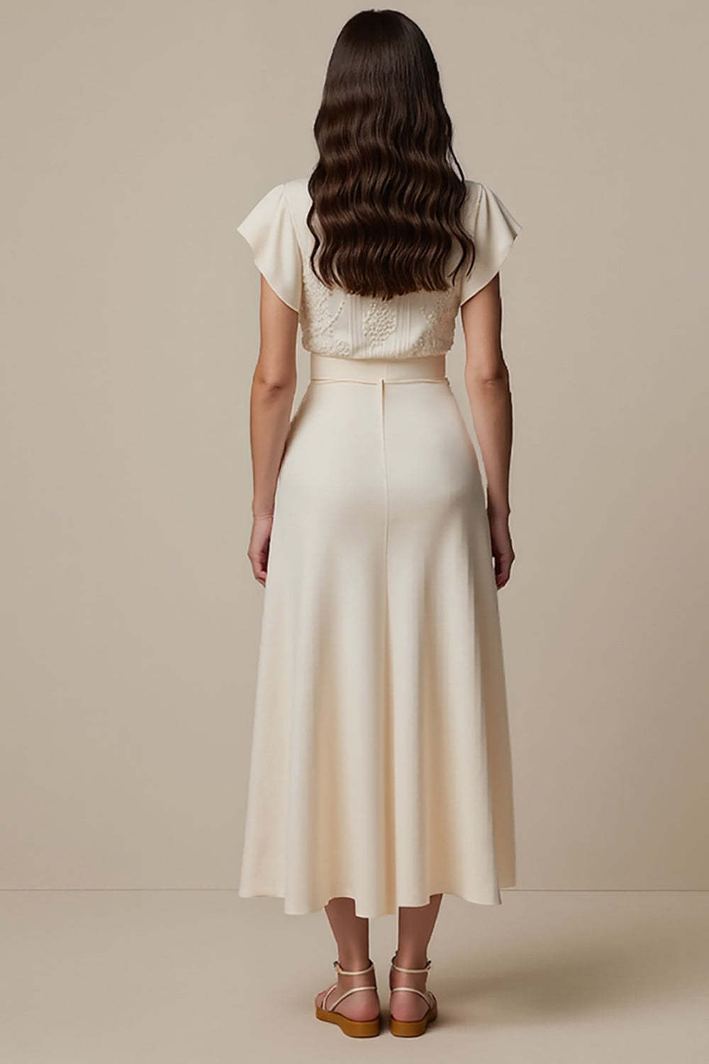 Ivory Short Sleeves High Neck Empire Waist Maxi Work Dress