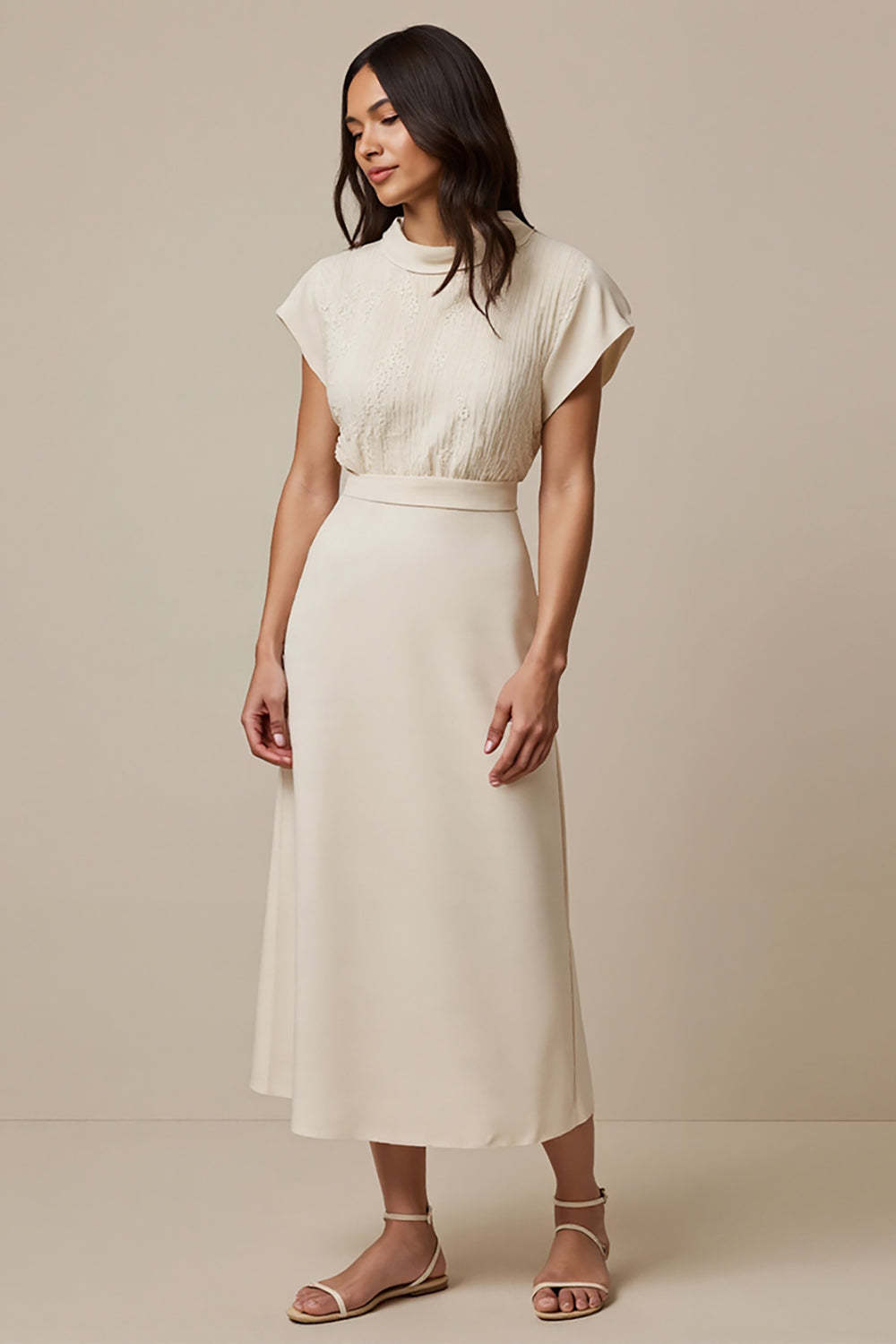 Ivory Short Sleeves High Neck Empire Waist Maxi Work Dress