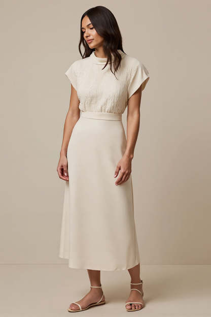 Ivory Short Sleeves High Neck Empire Waist Maxi Work Dress