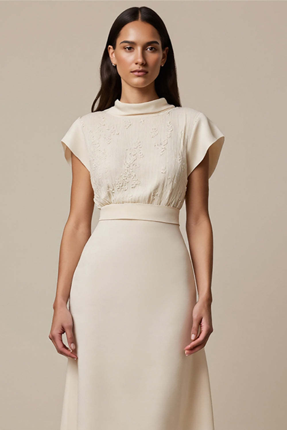Ivory Short Sleeves High Neck Empire Waist Maxi Work Dress