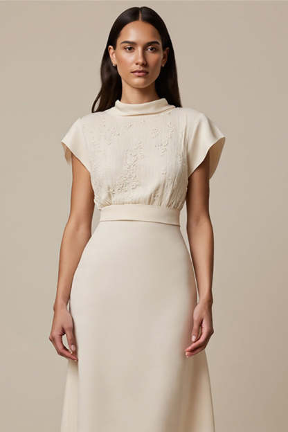 Ivory Short Sleeves High Neck Empire Waist Maxi Work Dress
