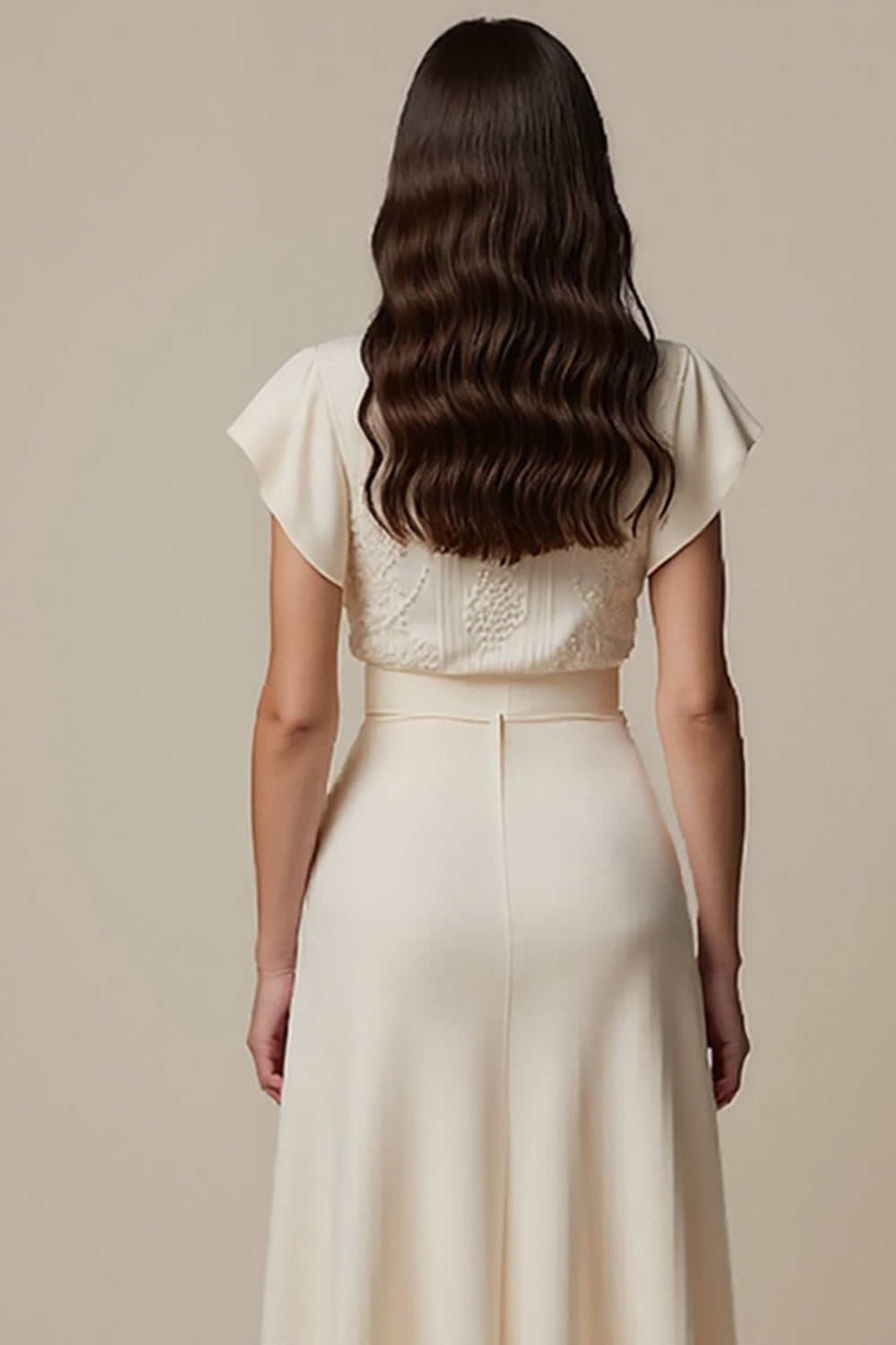 Ivory Short Sleeves High Neck Empire Waist Maxi Work Dress