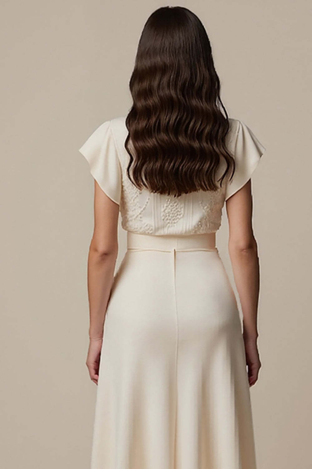 Ivory Short Sleeves High Neck Empire Waist Maxi Work Dress