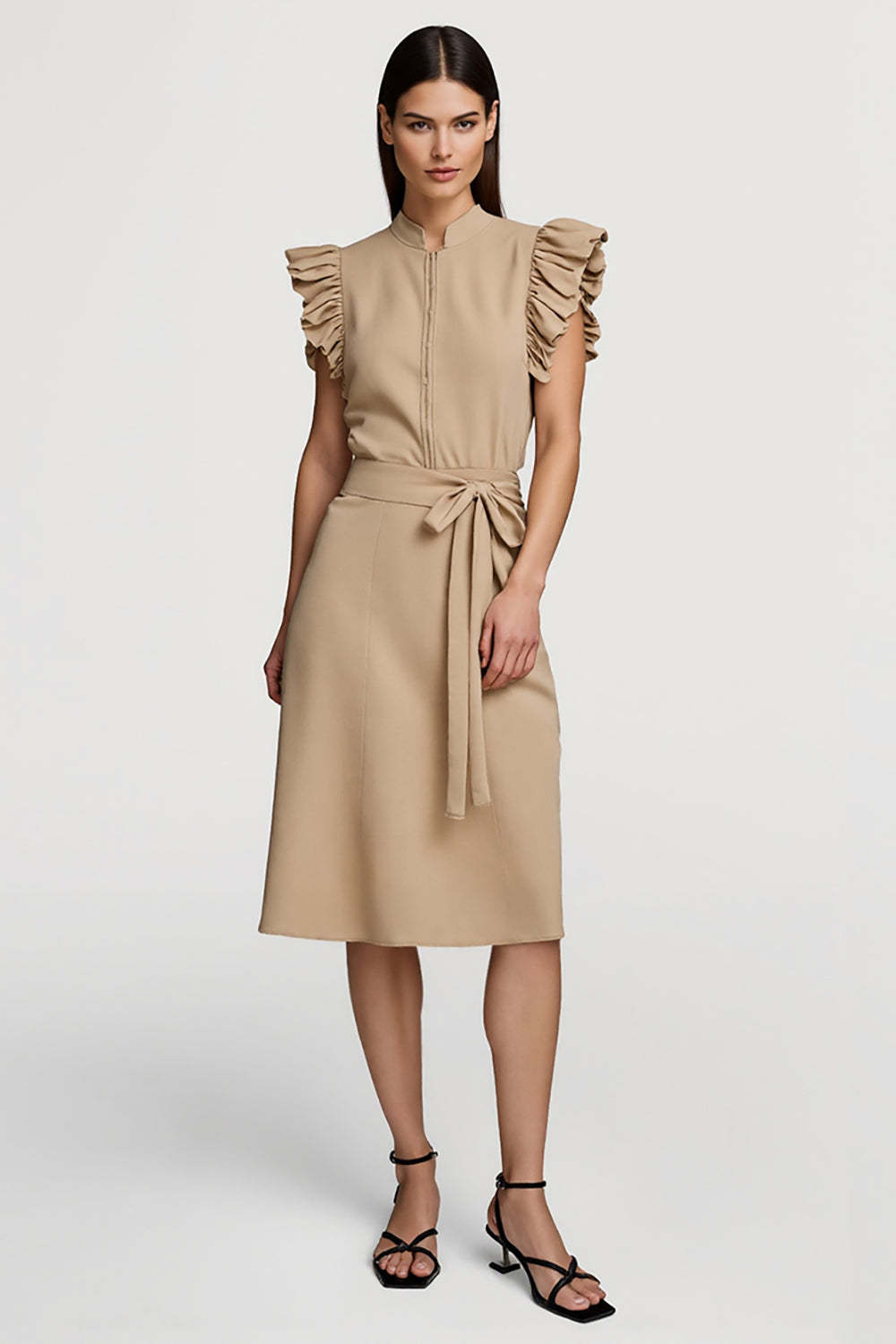 Leely Women Khaki Midi Pencil Work Dress Ruffled Business Dress with Sash