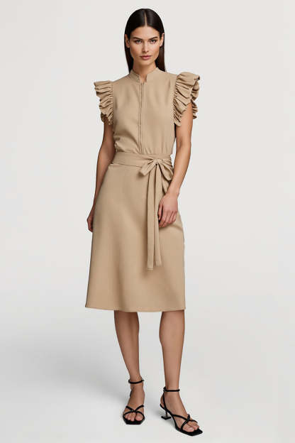 Leely Women Khaki Midi Pencil Work Dress Ruffled Business Dress with Sash