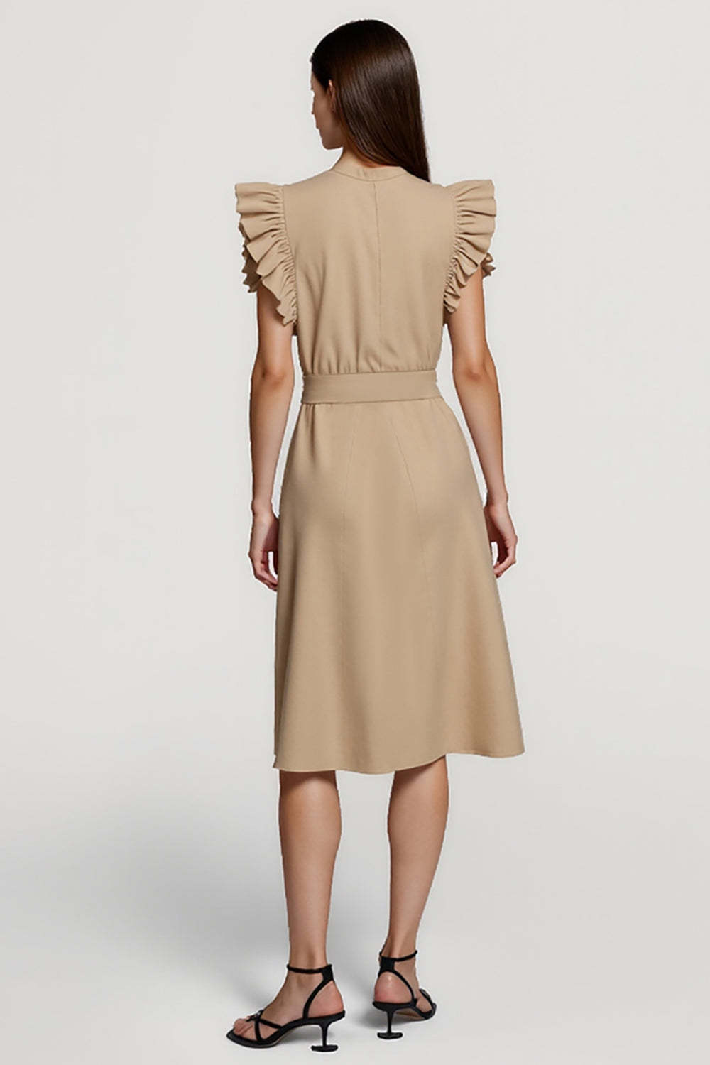 Midi Khaki Ruffled Pencil Work Dress with Sash