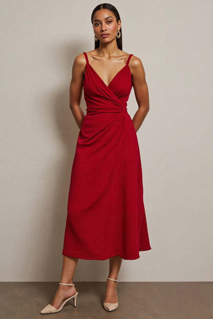 Leely Women Red Ruched Maxi Semi Formal Dress A Line Spaghetti Straps Party Dress