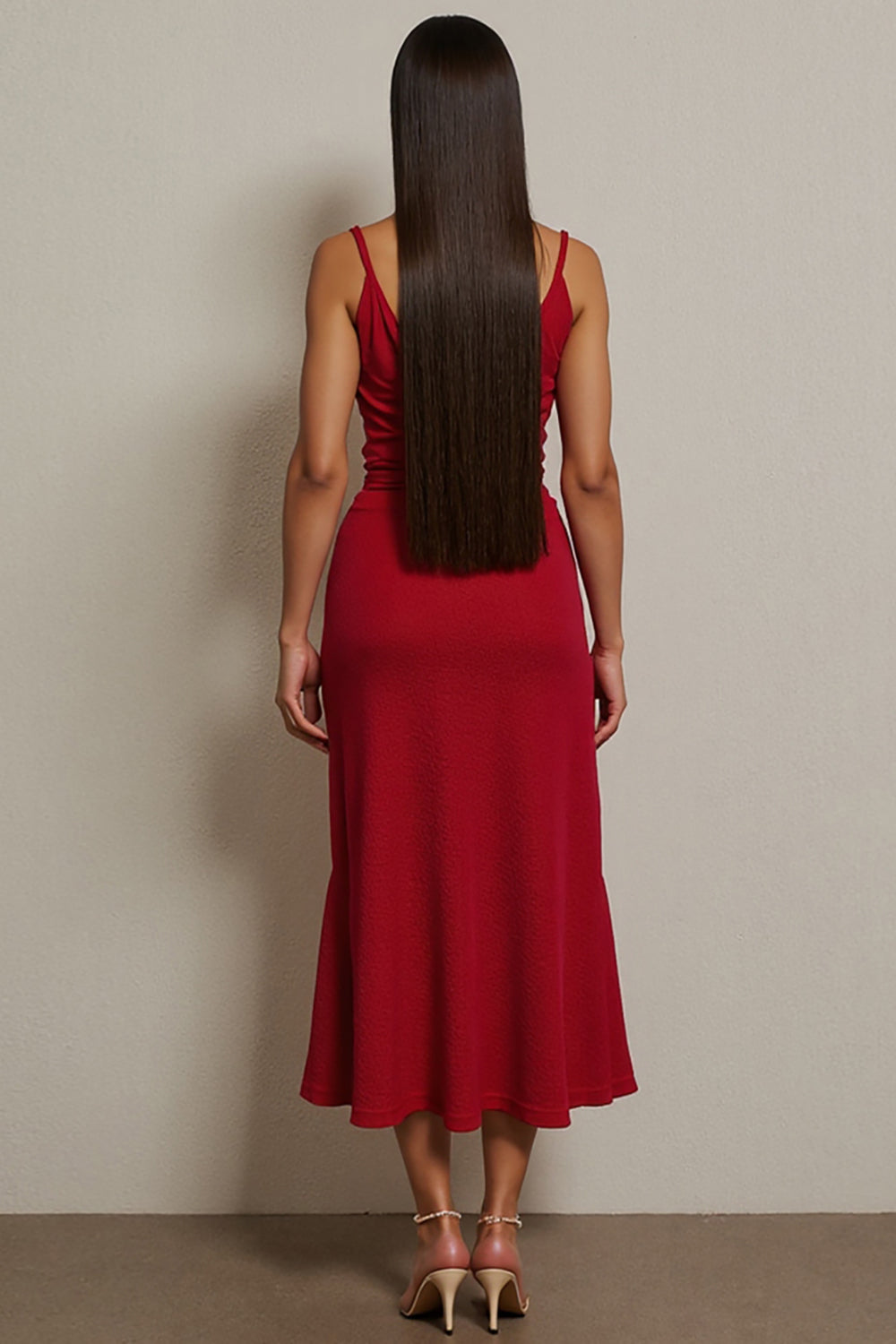 Red Ruched Spaghetti Straps Maxi A Line Semi Formal Dress