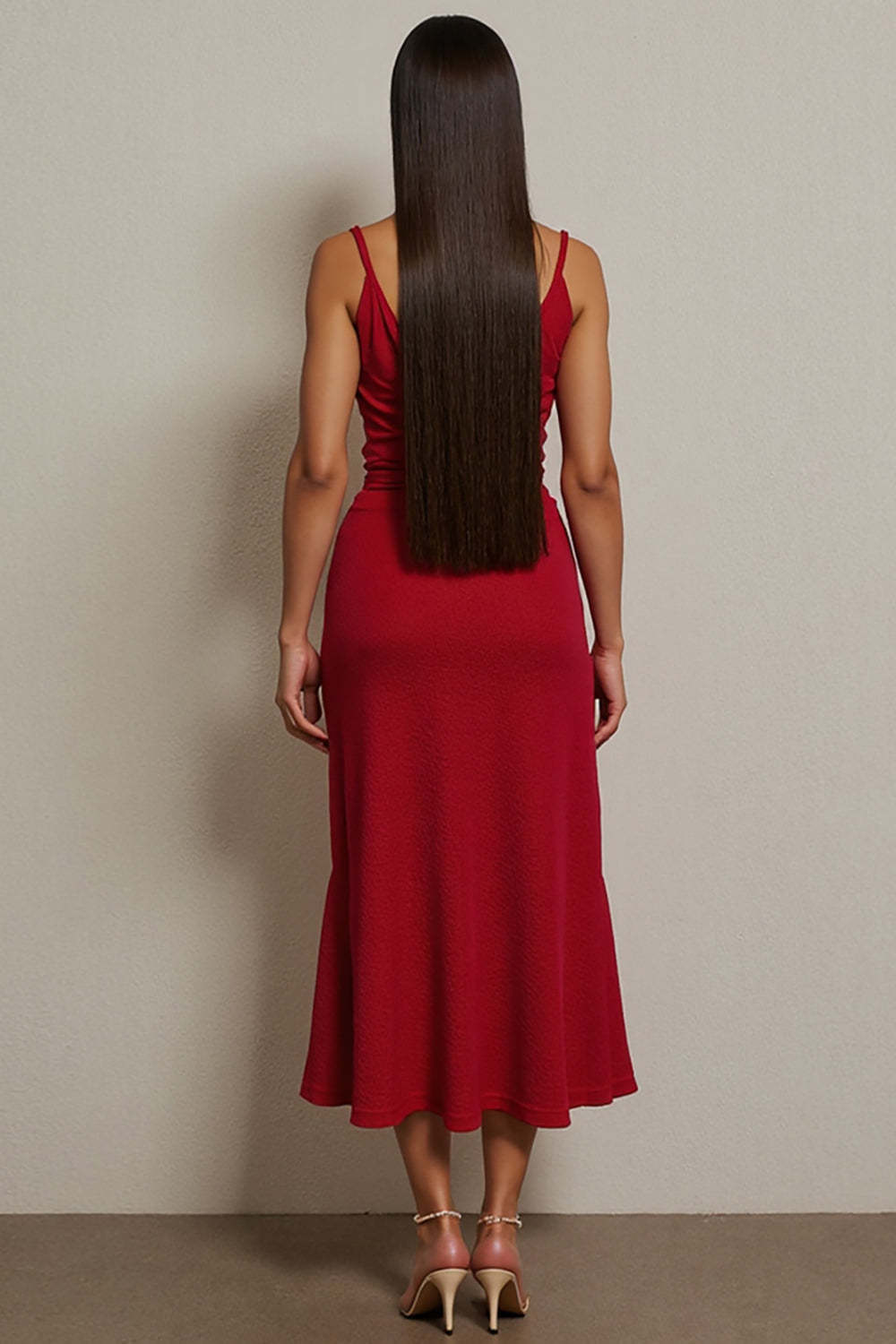 Red Ruched Spaghetti Straps Maxi A Line Semi Formal Dress