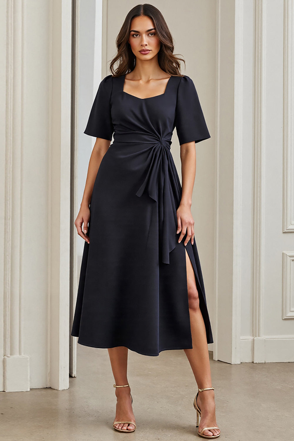Leely Women Navy Midi Work Dress with Slit Short Sleeves A Line Ruched Business Dress with Drape