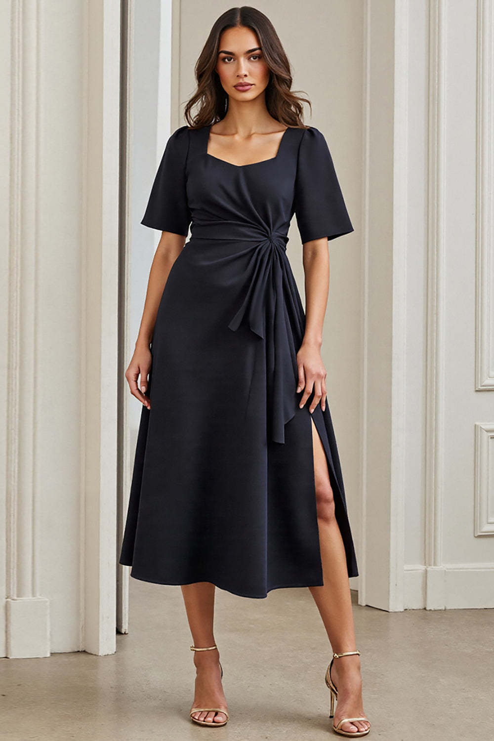 Leely Women Navy Midi Work Dress with Slit Short Sleeves A Line Ruched Business Dress with Drape