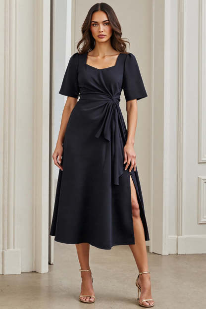 Leely Women Navy Midi Work Dress with Slit Short Sleeves A Line Ruched Business Dress with Drape