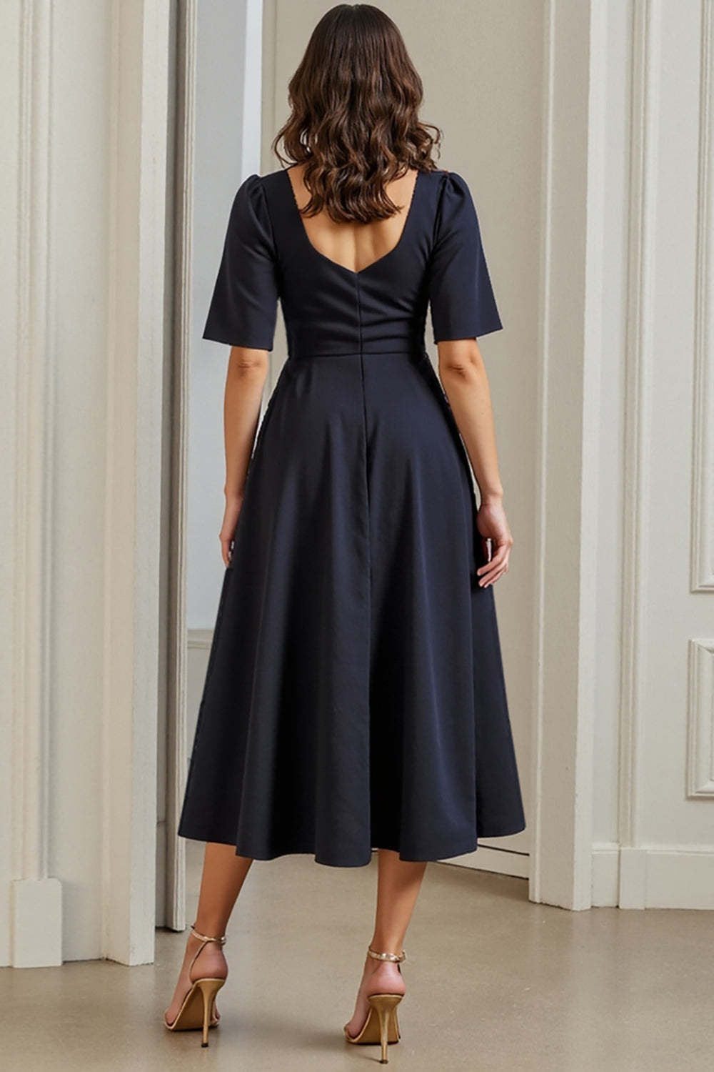 Navy Short Sleeves Ruched Drape A Line Midi Work Dress with Slit