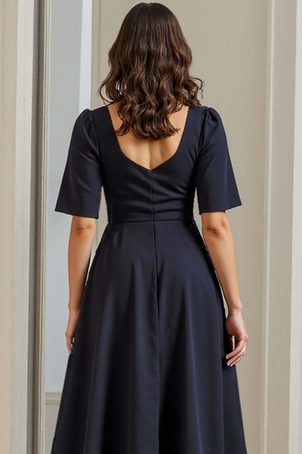 Navy Short Sleeves Ruched Drape A Line Midi Work Dress with Slit