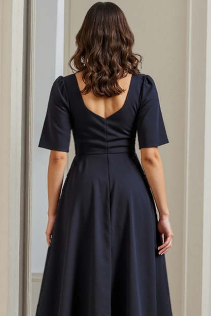 Navy Short Sleeves Ruched Drape A Line Midi Work Dress with Slit